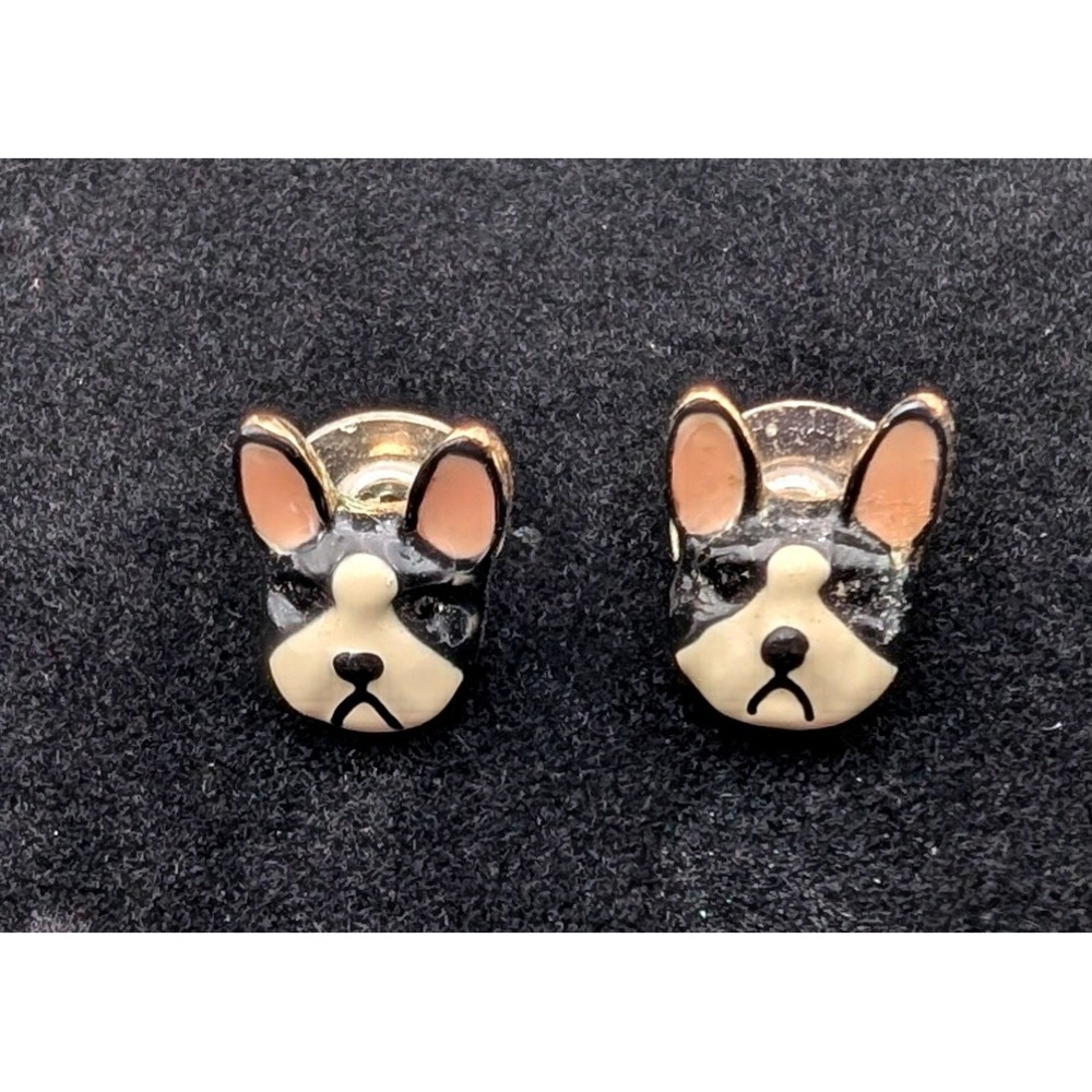 French Bulldog Enamel Stud Earrings Gold Tone Black White Dog Lover Jewelry